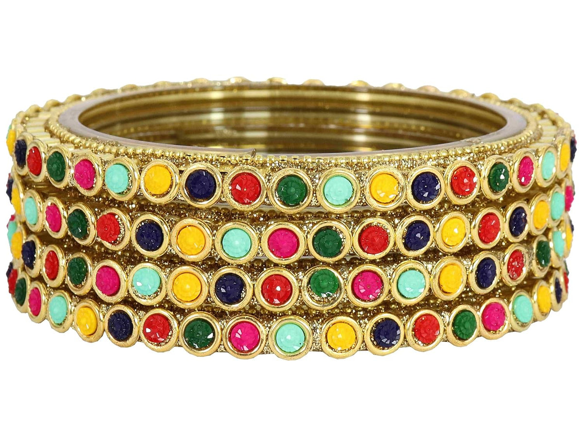 NMII Glass Golden Zircon Gemstone & Colorful Beads Studded Bangles Kada Set For Women & Girls | Traditional Stylish Kangan | Bangles For Women Glass | Wedding, Party, Occasion Wear Bangle- Set of 4