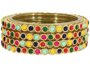 NMII Glass Golden Zircon Gemstone & Colorful Beads Studded Bangles Kada Set For Women & Girls | Traditional Stylish Kangan | Bangles For Women Glass | Wedding, Party, Occasion Wear Bangle- Set of 4
