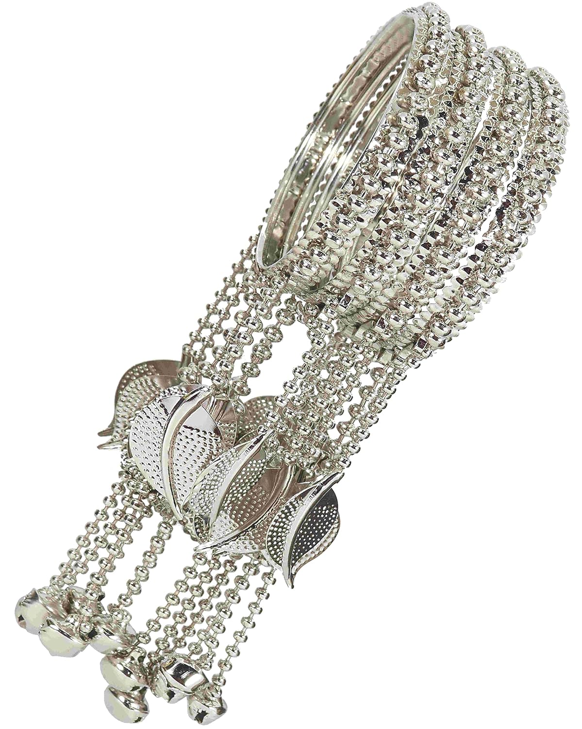 NMII Non-Precious Metal With Base Metal and Linked with Bracelet Bells Worked Glossy Finished Latkan Kaleere Type Kada Set For Women and Girls