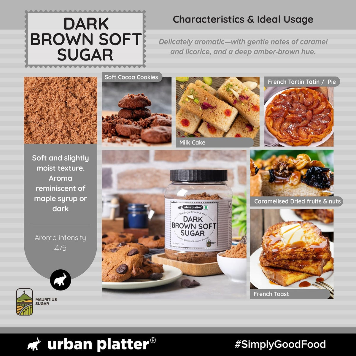 Urban Platter Mauritian Dark Brown Soft Sugar, 1kg (Moist & Caramel-like | Ideal for Cookies, Cakes & Sauces)