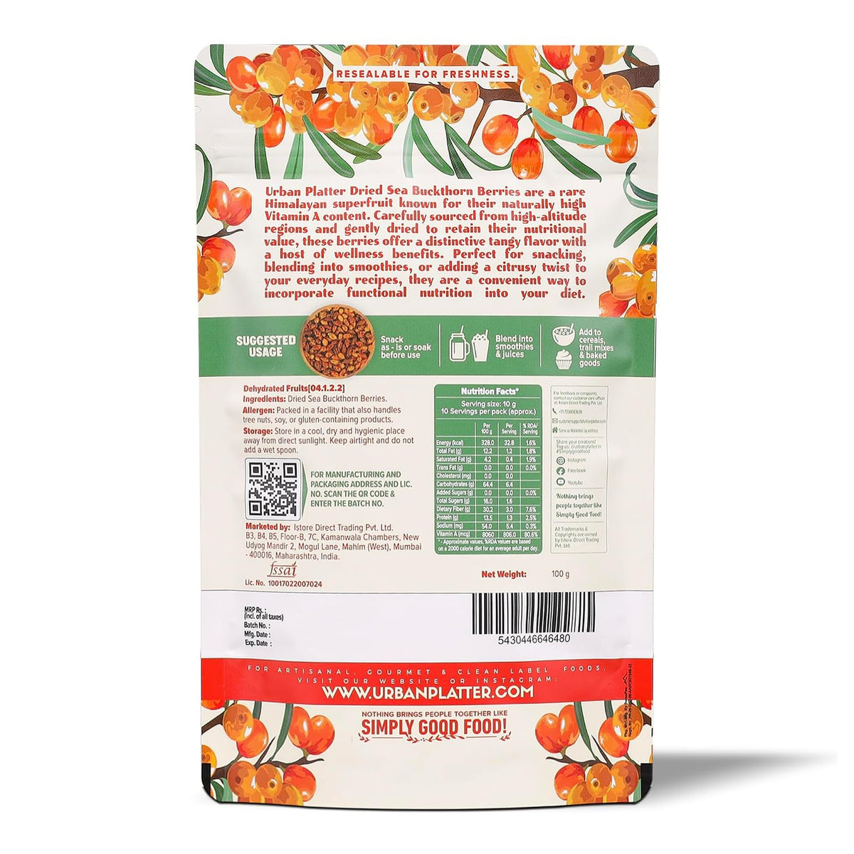 Urban Platter Dried Sea Buckthorn Berries, 100g (High in Vitamin A | High in Fiber | Tart & Tangy Superfruit | Add to Trail Mixes, Smoothies, Teas & Baking)
