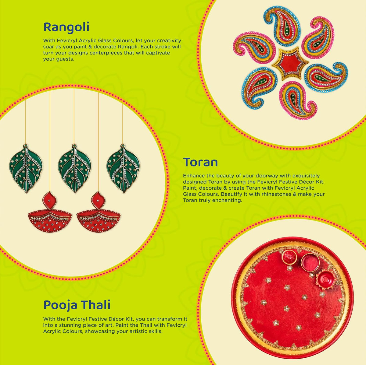 Fevicryl Tyohaar- DIY Festive Decor Kit: Create Vibrant Acrylic Rangoli, Exquisite Toran, and Elegant Pooja Thali; Unleash Your Artistic Flair and Elevate Your Celebrations