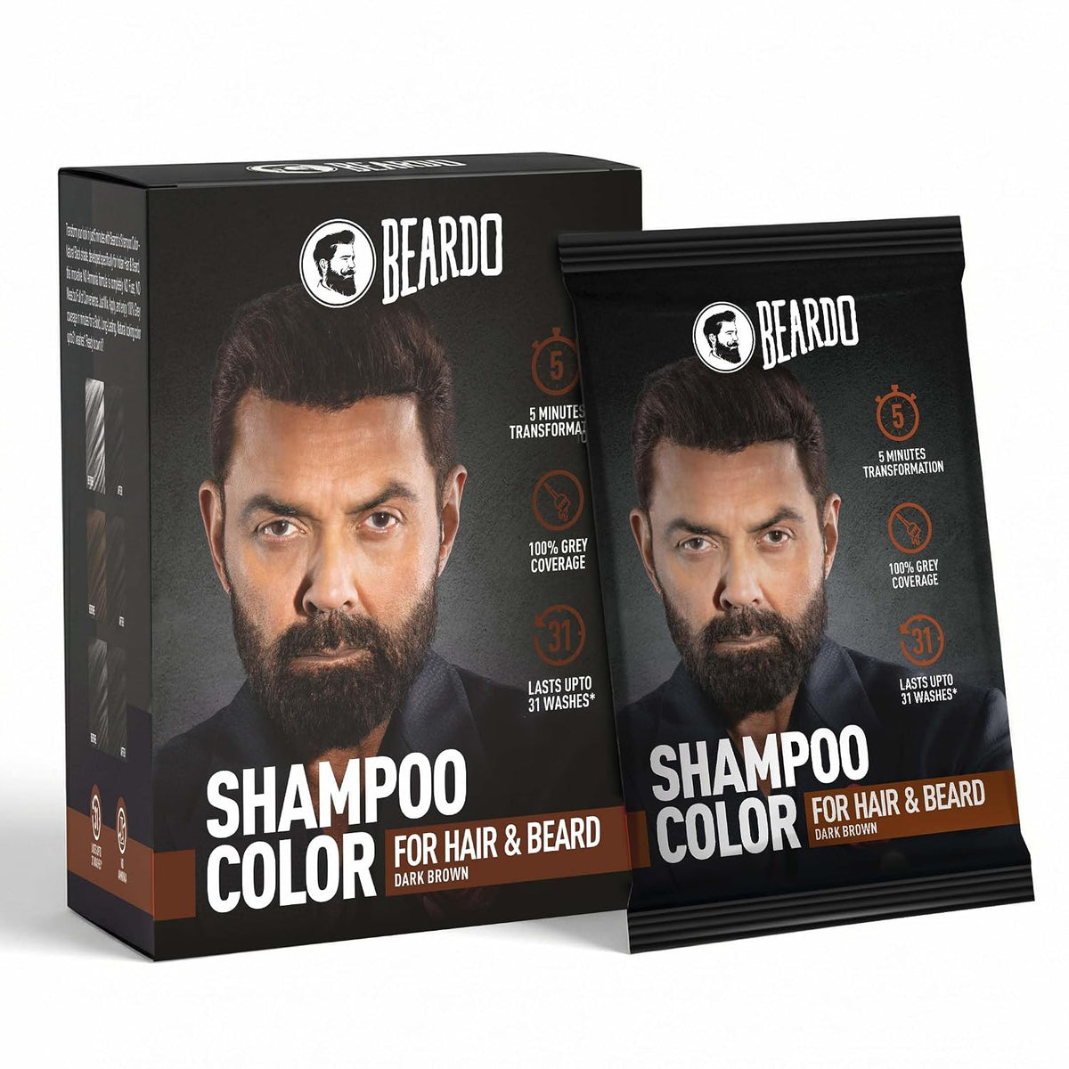 BEARDO Beard & Hair Shampoo Color | Natural Brown | 100% Grey Coverage | 5 Minute Hair Colour | Ammonia Free | With Natural Actives | No Stain Beard Colour | 20ml X 5