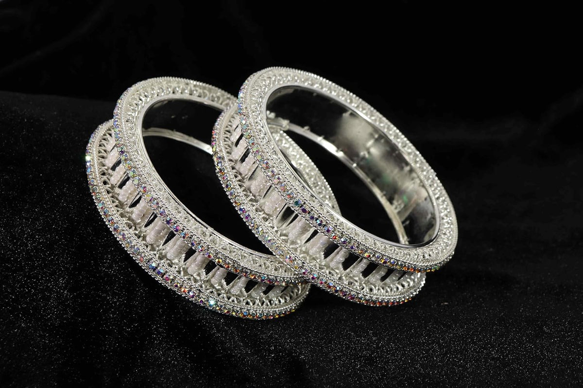 NMII Gold Plated Metal American Diamond & Kundan Bangles Set For Women & Girls | Kada Set For Women | Antique Bangles | Women's Bangles Set For Wedding, Party, Occasion Jewellery- Set of 2