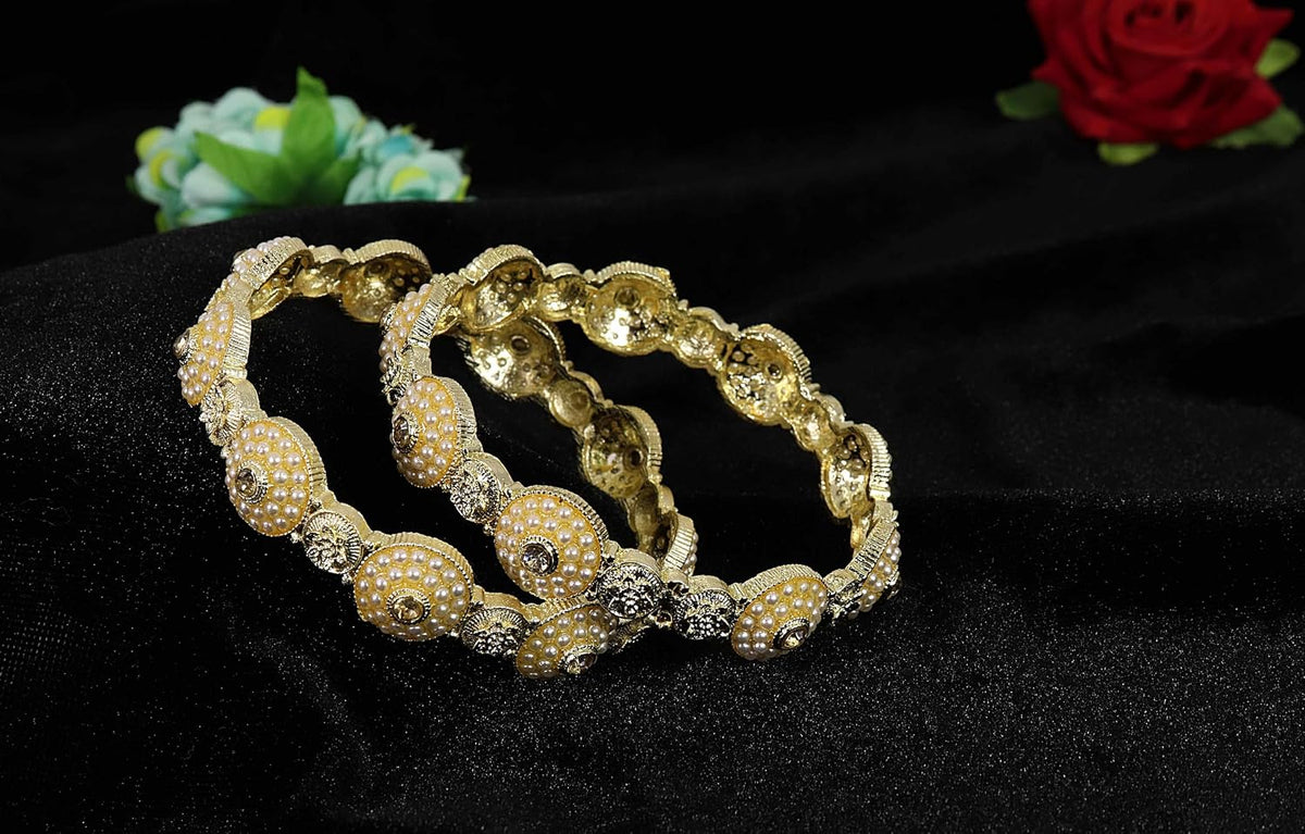 NMII Traditional Alloy Metal with White Pearls Moti Bangles For Women & Girls | Moti Kada Bangles Stylish | Rajwadi Kada Set For Wedding, Party, Occasion Wear- Set of 2 Kada