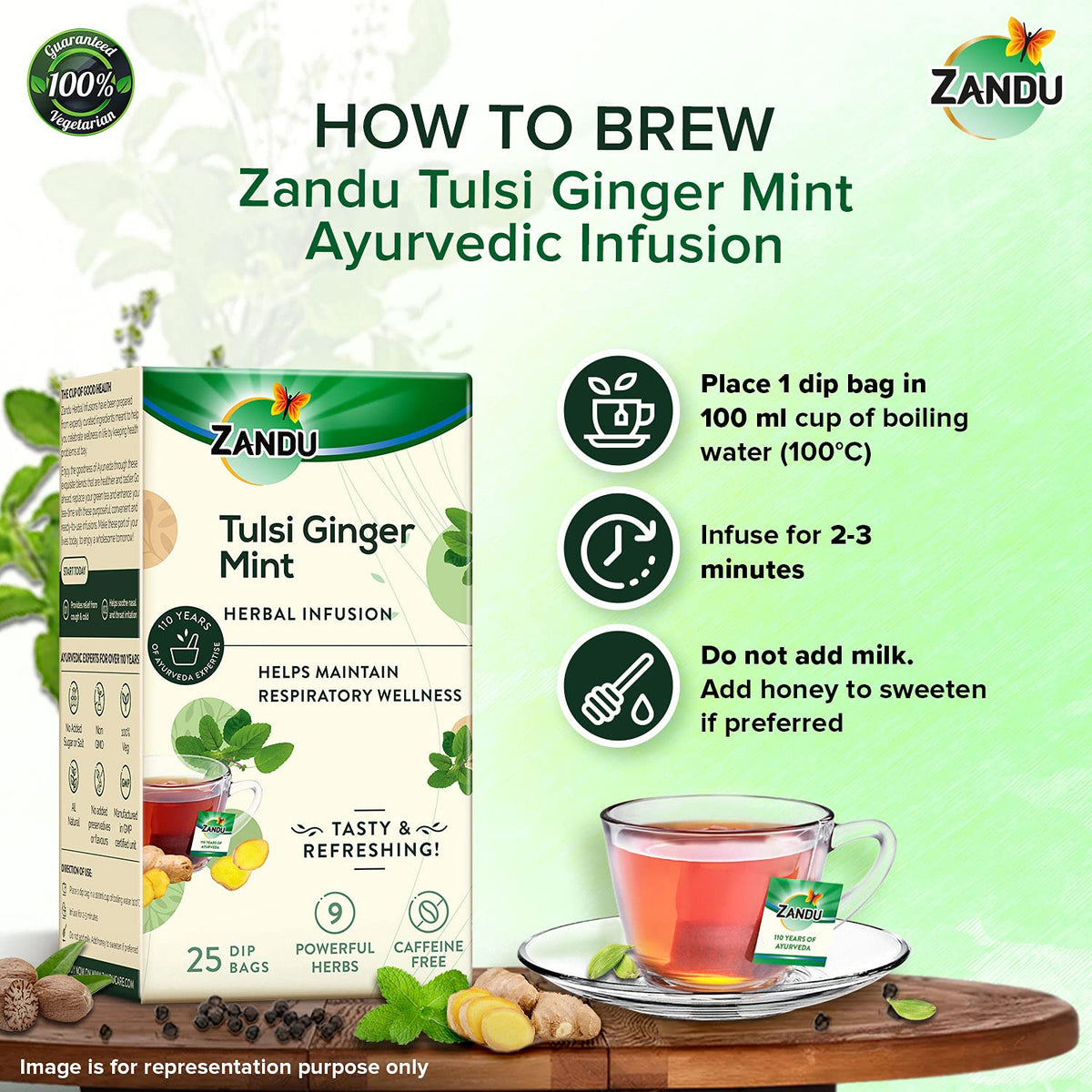 Zandu Tulsi Ginger Mint Herbal Infusion, a Herbal Tea Enriched with Ayurvedic Ingredients (25 Tea Bags)