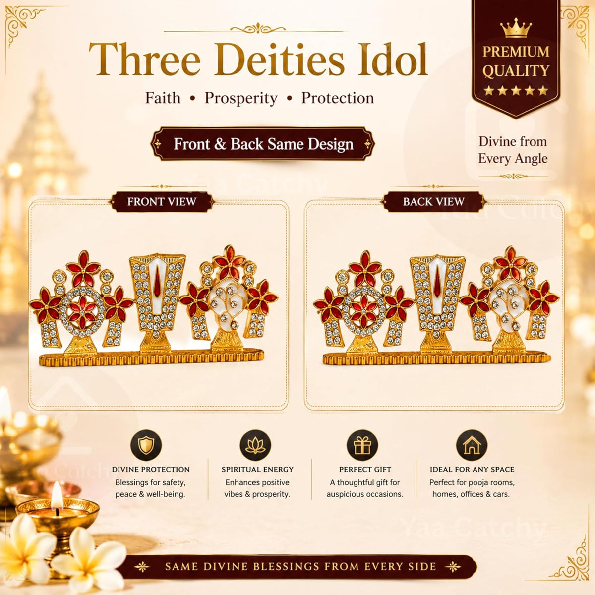YaaNatural Yaa Catchy Lord Balaji Double-Sided Idol for Car Dashboard & Home Decor Gold Finish Venkateswara Face Statue | Spiritual Gift, Pooja & Office Idol (Double Side Shanku Chakra Namam)