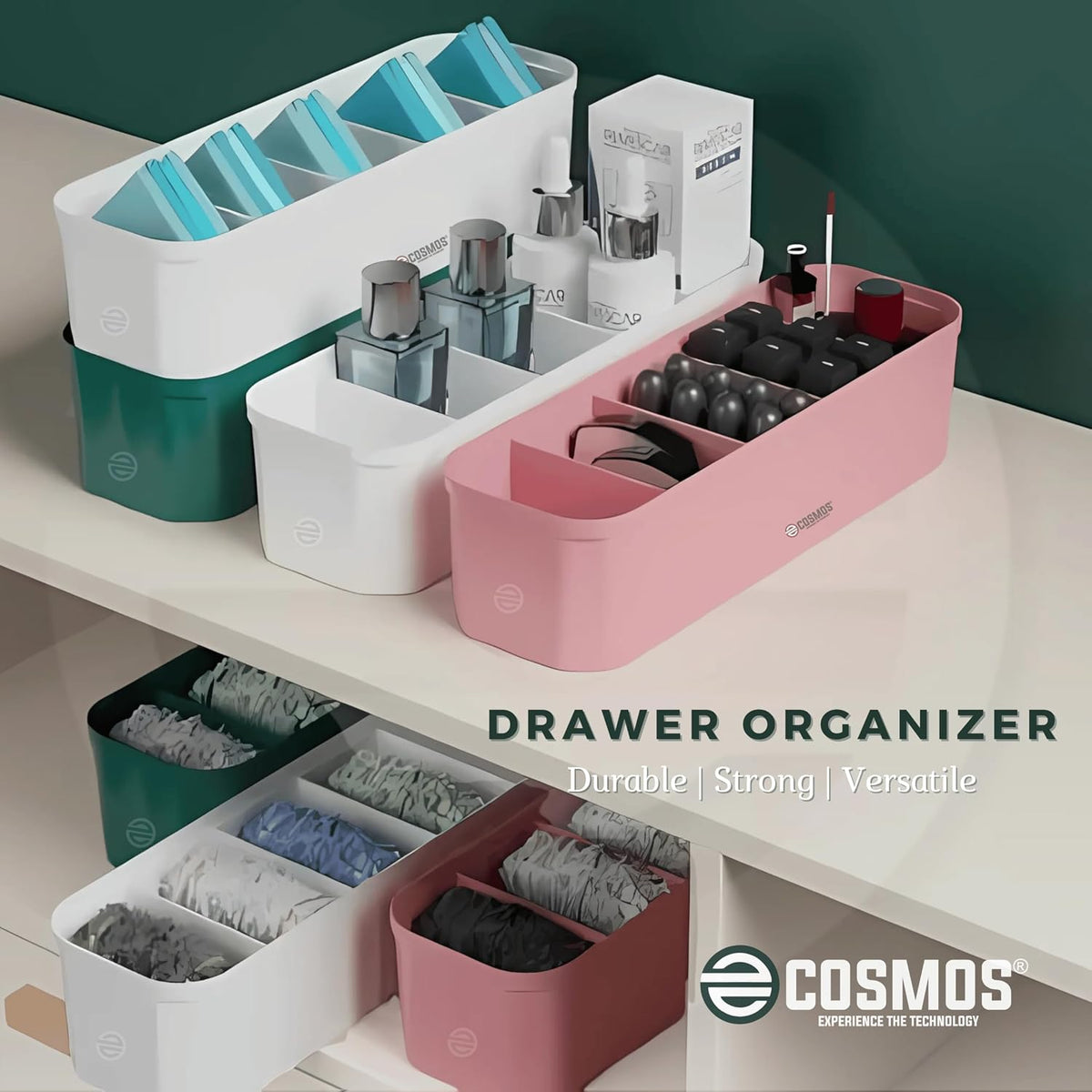 E-COSMOS Drawer Organizers for Undergarments, Socks, Bras, Ties, Scarves, Wardrobe Storage Box Kitchen Tools (Pack Of 4)