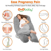 OYO BABY Pregnancy Pillows for Sleeping J-Shape Full Body Pillow and Maternity Support - for Back, Hips, Legs, Belly for Pregnant Women with Removable Washable Velvet Cover (Grey)