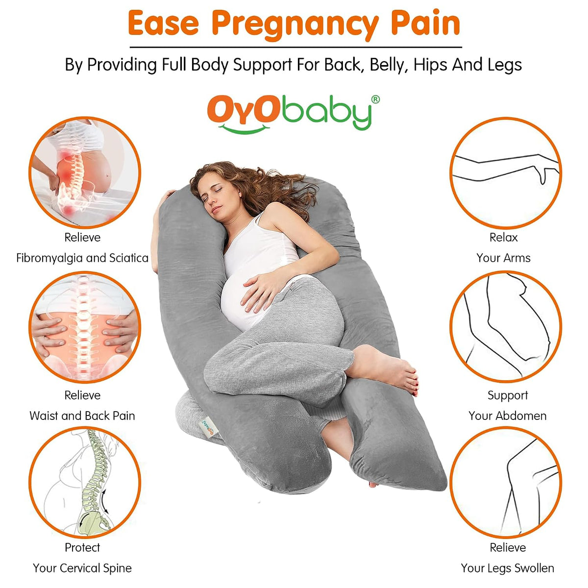 OYO BABY Pregnancy Pillows for Sleeping J-Shape Full Body Pillow and Maternity Support - for Back, Hips, Legs, Belly for Pregnant Women with Removable Washable Velvet Cover (Grey)