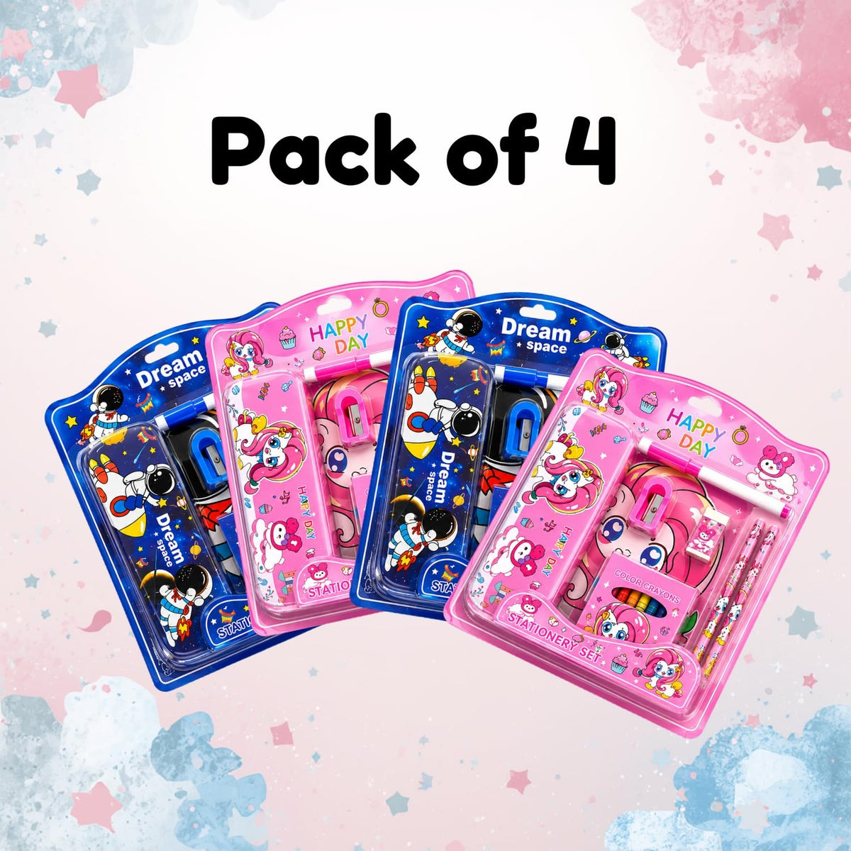 Toy Imagine Stationery for Kids Best Return Birthday Gift for Boys Girls Educational Learning Stationery kit Set for Kid (14 Pcs/Pack of 4) | Metal | Wooden