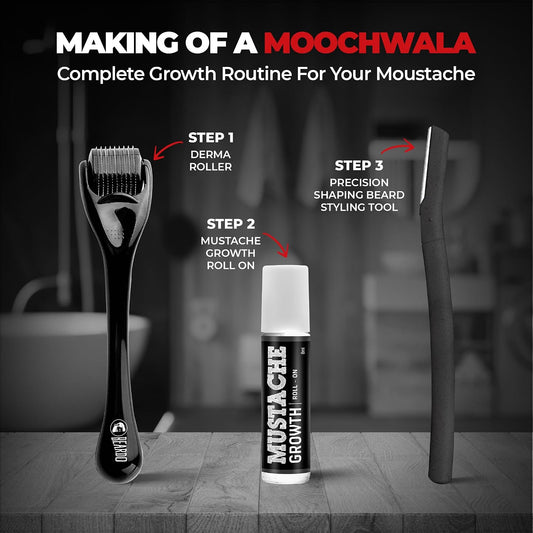 Beardo Moochwala Growth Combo for Men | Derma Roller + Moustache Growth Roll-On + Styling Tool | Helps Stimulate Hair Follicles | Supports Thicker, Fuller-Looking Moustache | Easy At-Home Moustache Care Kit
