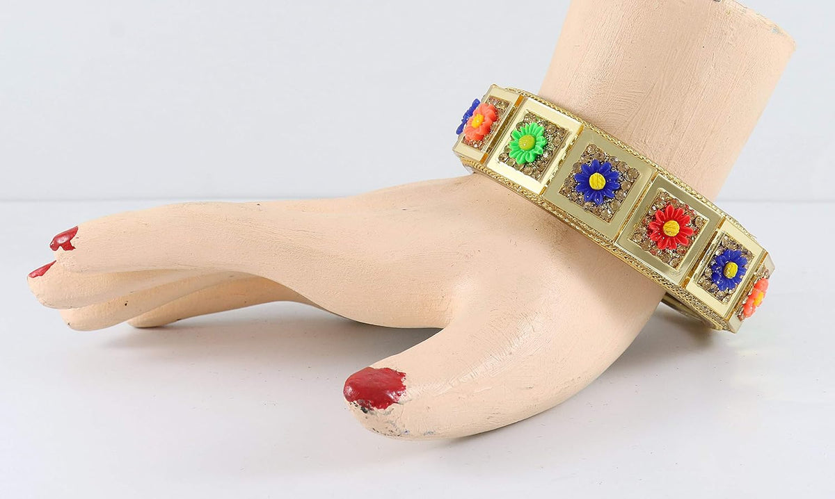 NMII Glass with Zircon Gemstone and Spread with Glitter Pattern Or Flower Shaped Glossy Finished Kada Set For Women and Girls