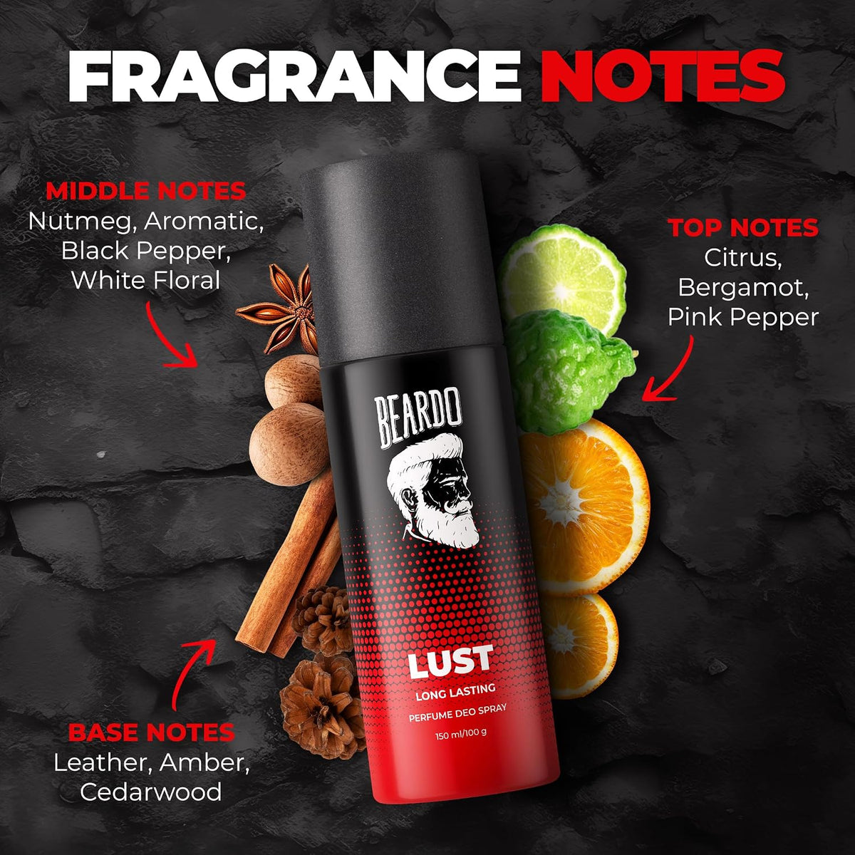 BEARDO PERFUME DEO SPRAY - Lust, 150ml | Get compliments with Long lasting Aromatic, Fougere Deodorant Brand | Ideal gift for Men | Christmas gift for men | Gift For Friends | Gift for men