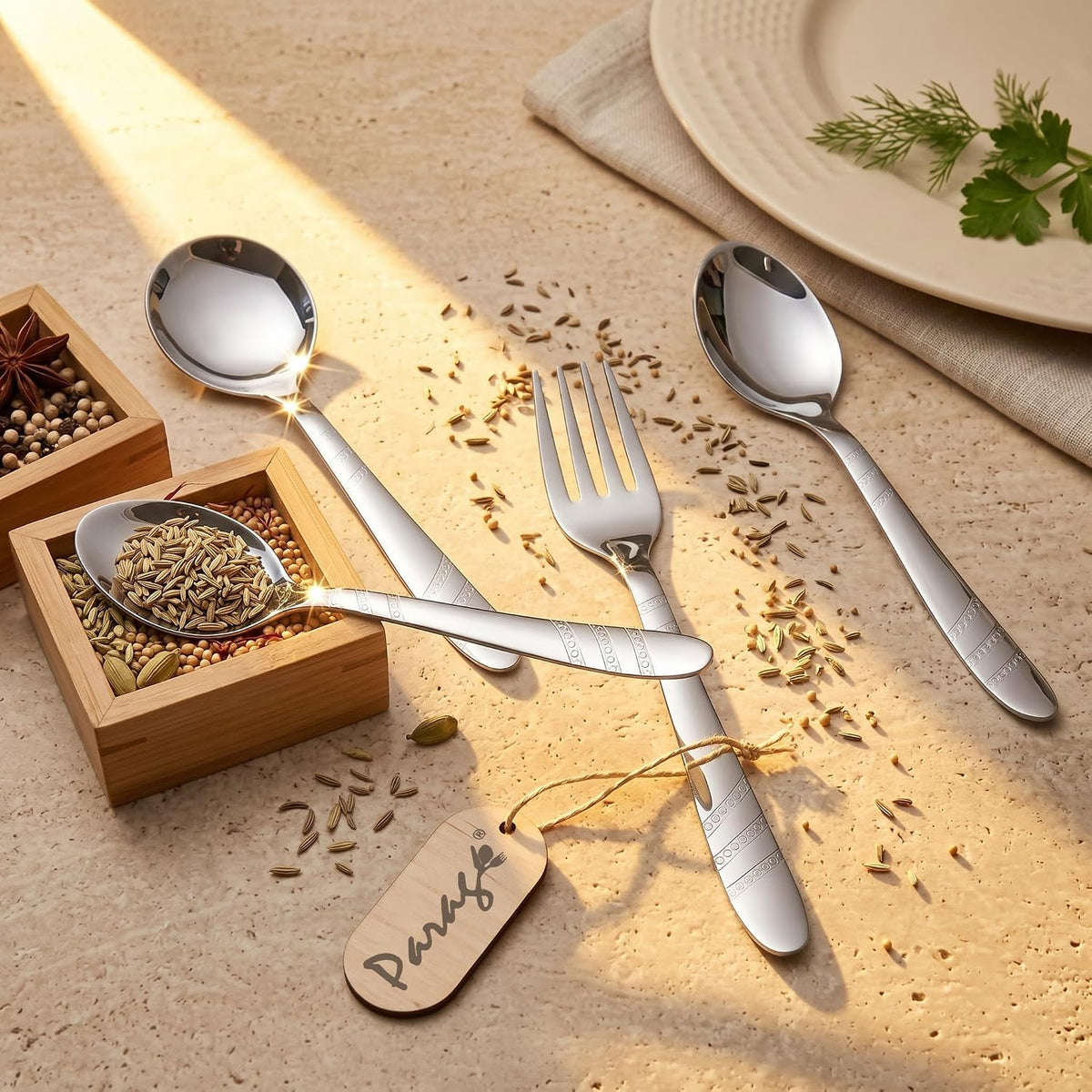 Parage Miracle Stainless Steel Cutlery Set of 25, Contains, Dinner Spoons Set of 6, Tea Spoon Set of 6, 6 Fork, 6 Soup Spoons, 1 Stylish Stand, Elegant Cutlery Set for Dining Table, Mirror Polished