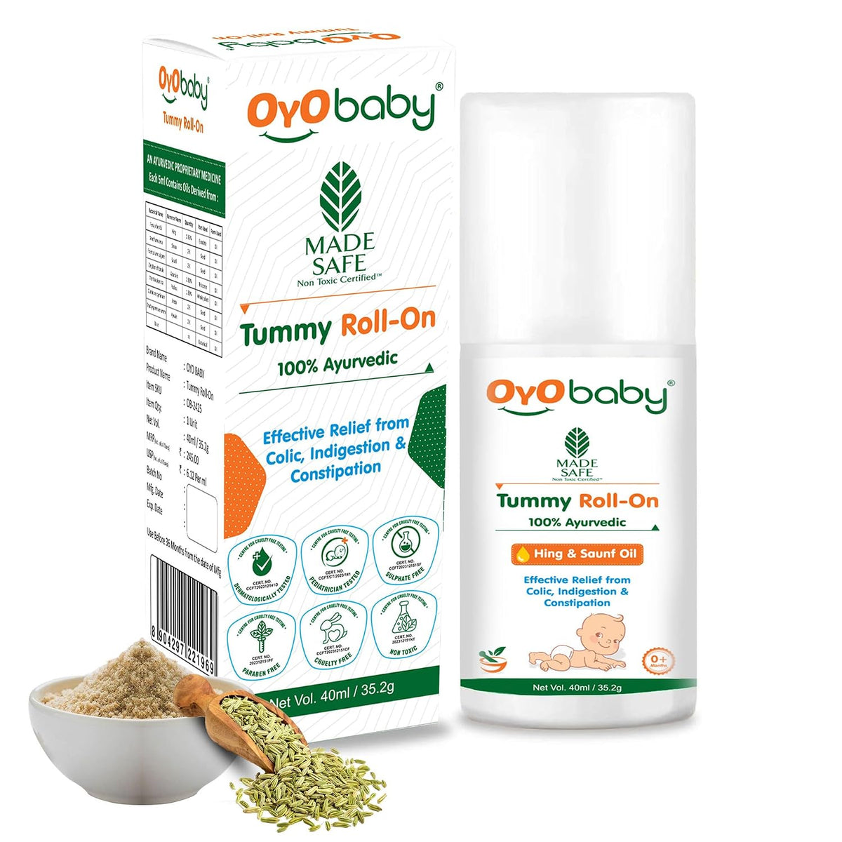 OYO BABY Tummy Roll-On for Babies | Colic Relief, Constipation & Indigestion | Hing & Saunf Formula |100% Ayurvedic - 40ml - Pack of 1
