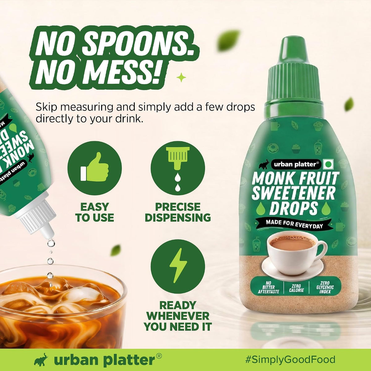 Urban Platter Monk Fruit Sweetener Drops, 15ml (Zero Calorie | No Erythritol | No Bitter Aftertaste | For Tea, Coffee & Beverages)