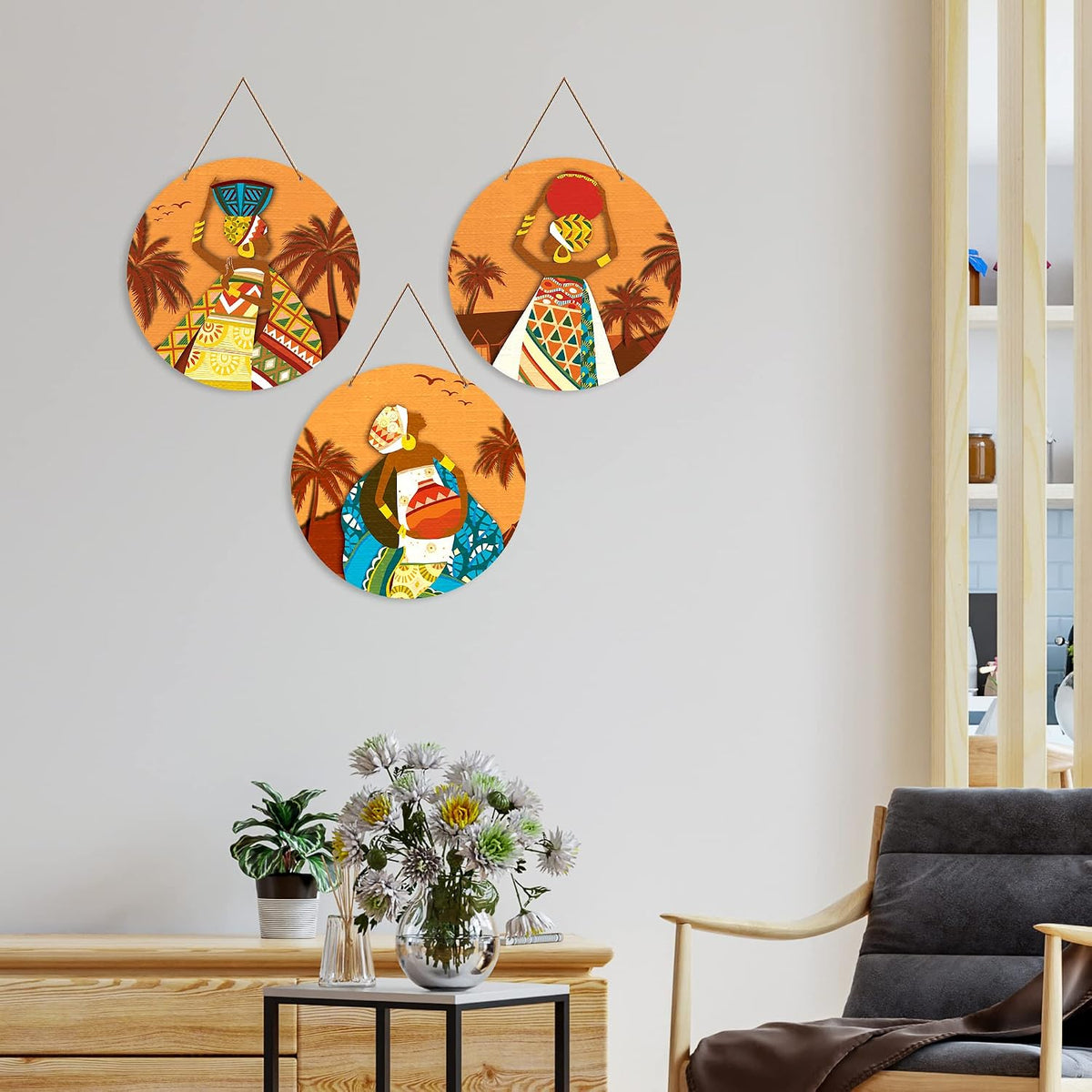 Artvibes African Village Themed Warli Art Round Wooden Wall Hanger for Home Decor | Living Room | Handcrafted Art | Wall Illustrations | Art Prints | Aesthetic Wall Art | Gifts (WH_4201N), Set of 3