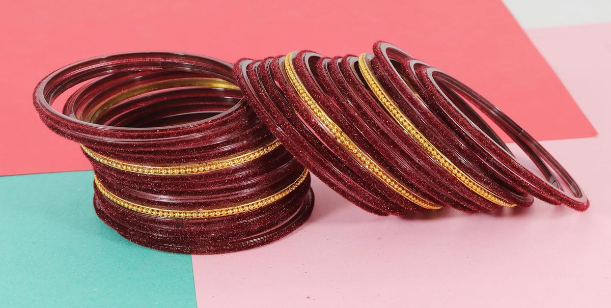NMII Glass Bangles For Women and Girls with Velvet and Golden Ballchain Linked | Plain Glass Bangles | Velvet Chudi Set | Bangles For Women Latest | Stylish Glass Chudi Bangles- Set of 28