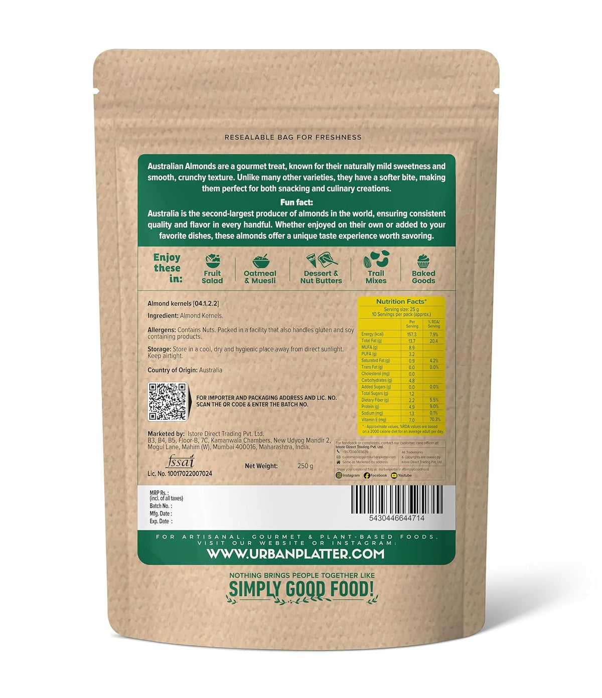 Urban Platter Australian Almonds, 250g (Fresh, Crunchy, Carefully Sourced for Daily Wellness)