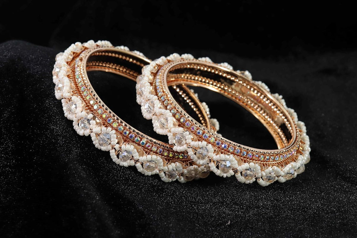NMII Premium Alloy Metal Bangles For Women and Girls Studded American Diamond Stone & Pearls Moti | Women's Bangles Bracelet | Metal bangles | Stone Bangles Kada,(MAH67_851- RoseGold-2.4)