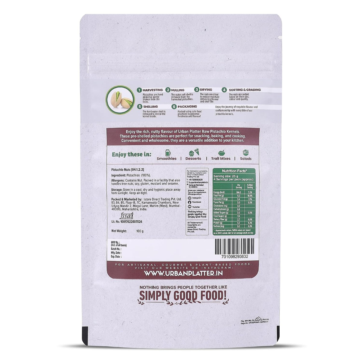 Urban Platter Pistachio Kernels, 100g (Shell Removed Pista | Unroasted and Unsalted | fibre & Protein-Rich | Heart-Healthy Snack)