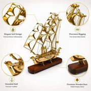 DSH Pure Brass Ship with Wooden Base Showpiece Item Perfect for Home Decoration and Gifting. (10 Inch)