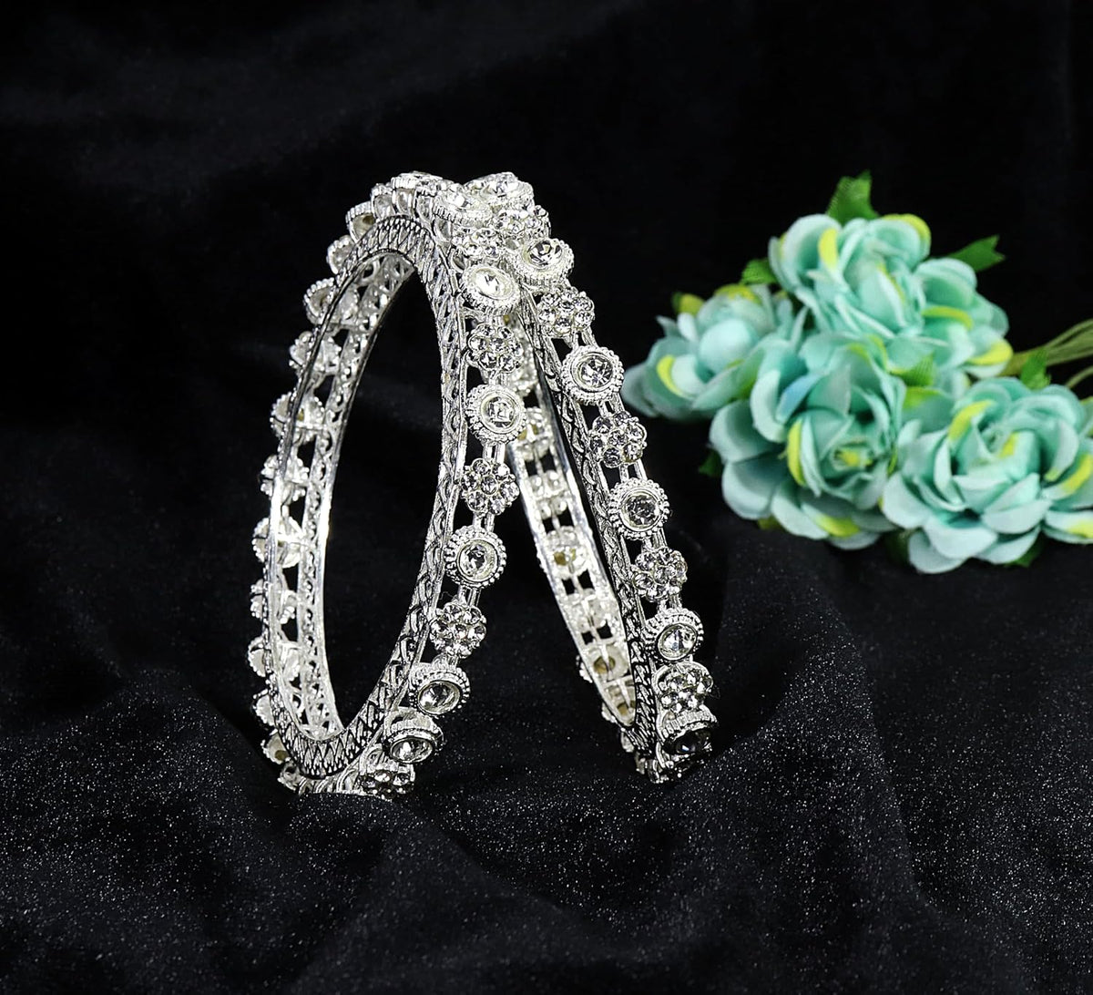 NMII Traditional Metal with Zircon Diamond Adorned Bangles Set For Women & Girls | Premium Rajwadi Kada For Women | Fancy Women's Bangles Bracelet For Wedding, Party, Festive Occasion- Set of 2