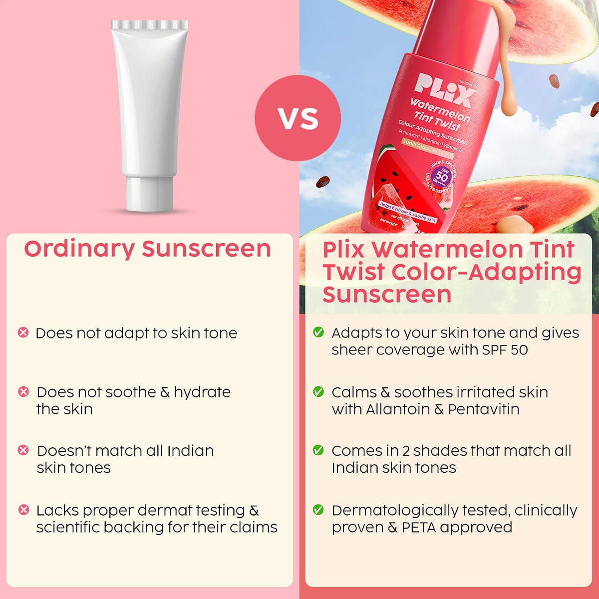 PLIX - THE PLANT FIX Watermelon Tint Twist Color-Adapting Sunscreen | For light coverage & instant glow | SPF 50 PA++++ Medium Sunlit Glow