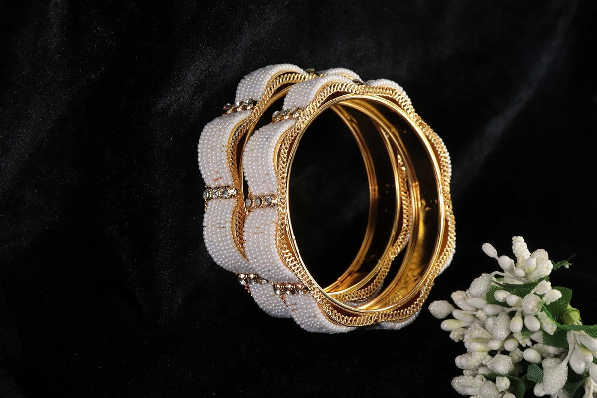 NMII Stylish Alloy Metal Kada Set for Women & Girls with Zircon Diamond Stone and Pearls Work | Traditional Gold-Plated Bangle Set for Women | Women's Kade For Wedding, Party, Ocassion- Set of 4