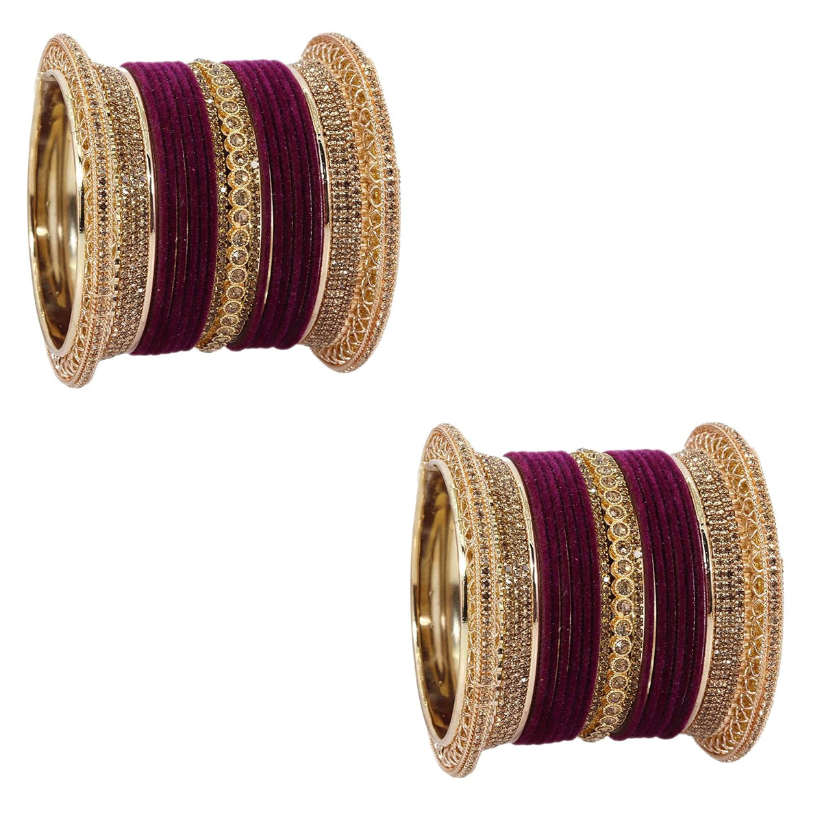 NMII Non-Precious Metal with Base Metal and Studded with Zircon Gemstone Glossy Finished Traditional Velvet Bangle Chuda set for Women and Girls