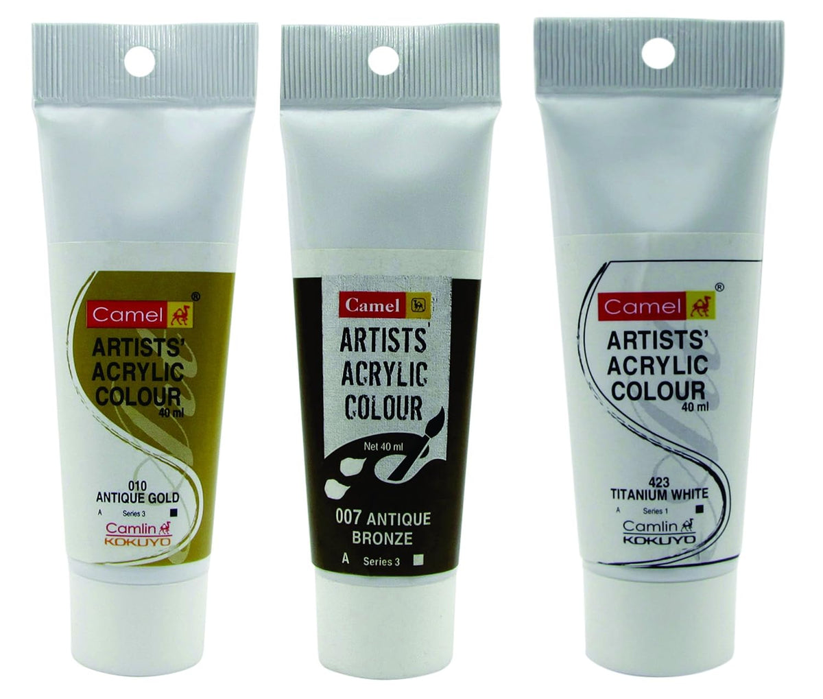 Camel Camlin Kokuyo Acrylic Tubes Antique Bronze, Antique Gold and Titanium White (40ml)