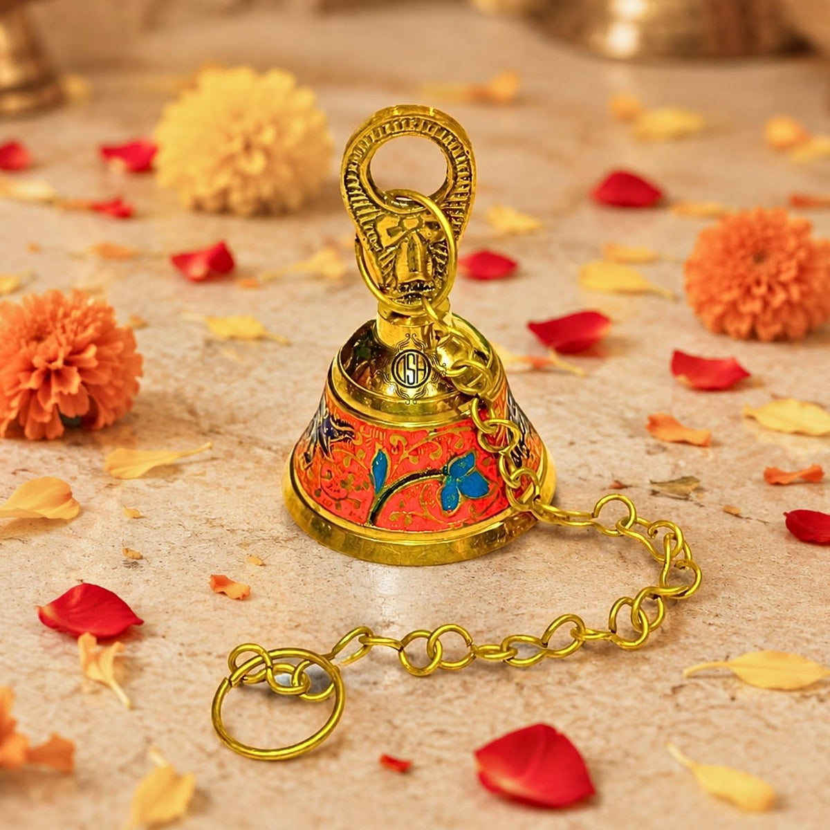 DSH Pure Brass Hanging Bell with Chain for Temple Mandir Door Home Decorative Ringing Bell (Orange, 1)