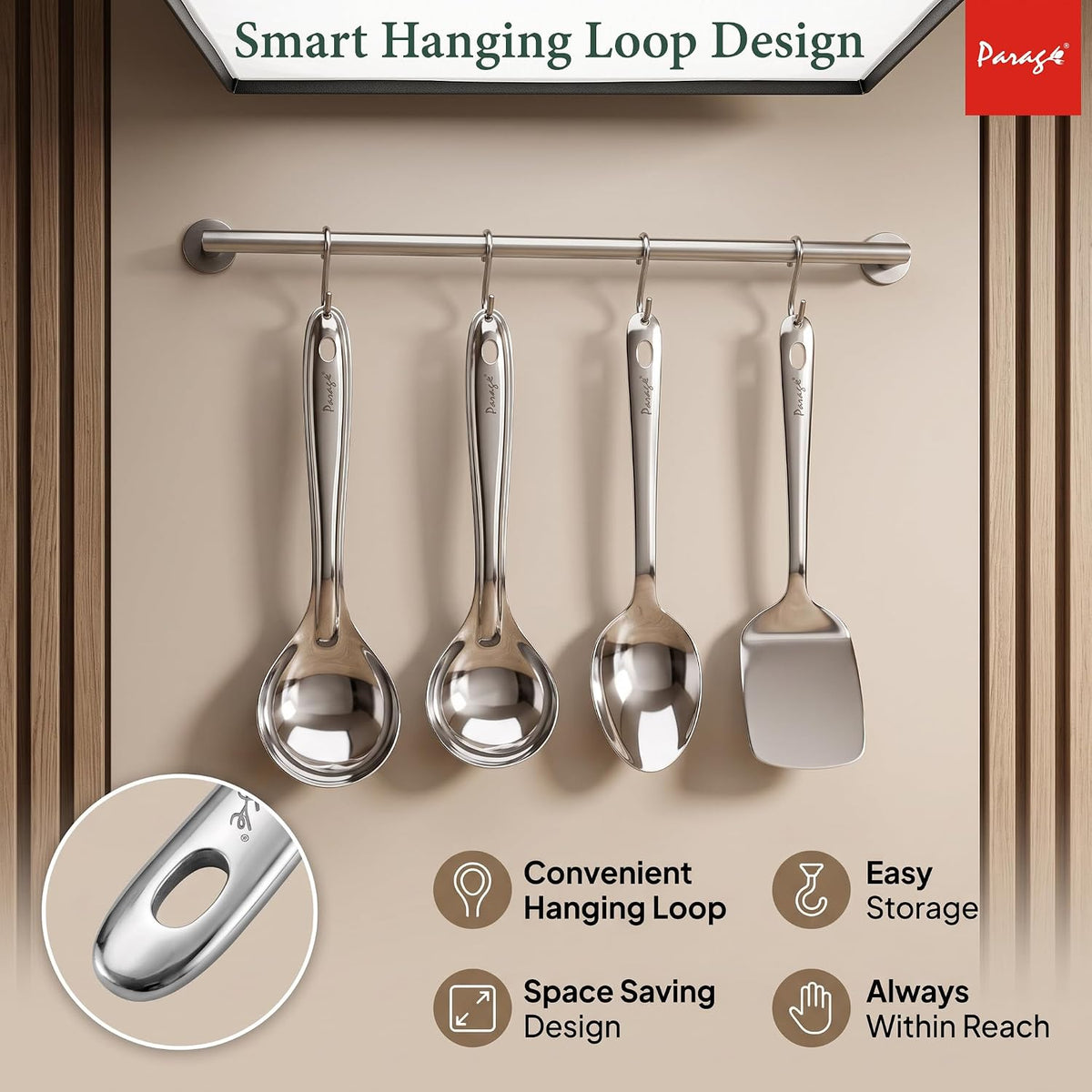 Parage Stainless Steel Kitchen Tools Set for Kitchen Cooking and Serving, Pack of 4, Serving Spoon, Turner/Spatula (Palta), Basting and Rice Spoon, Silver (Size: 26.5 cms, 25 cms x 2, 23 cms)