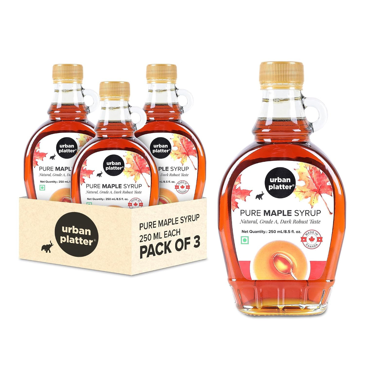 Urban Platter Pure Maple Syrup, 250ml [Pack of 3 | Product of Canada | Robust Taste]