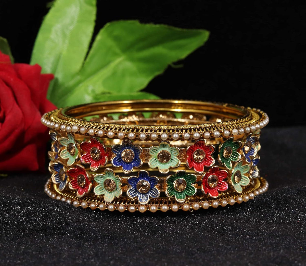 NMII Non-Precious Metal with Base Metal Meenakari Worked Zircon Gemstone or Pearls Studded Glossy Finished Flower Pattern Bangle set for Women and Girls