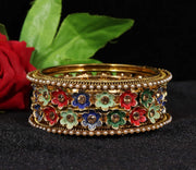 NMII Non-Precious Metal with Base Metal Meenakari Worked Zircon Gemstone or Pearls Studded Glossy Finished Flower Pattern Bangle set for Women and Girls
