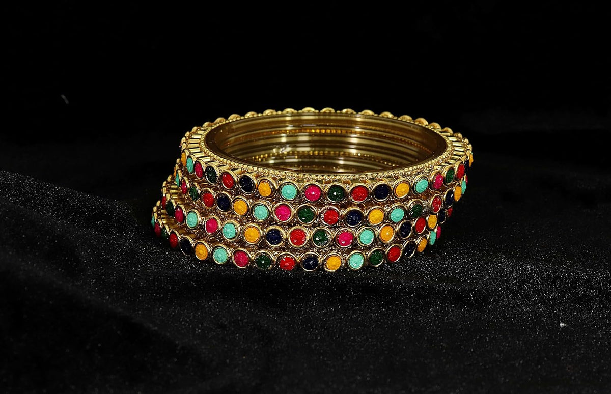 NMII Glass Golden Zircon Gemstone & Colorful Beads Studded Bangles Kada Set For Women & Girls | Traditional Stylish Kangan | Bangles For Women Glass | Wedding, Party, Occasion Wear Bangle- Set of 4