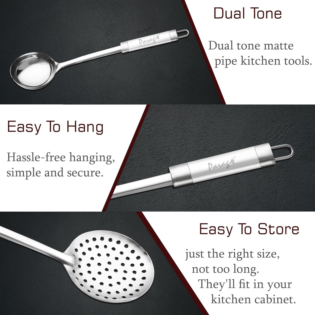 Parage 3 Pieces Stainless Steel Kitchen Tools for Home & Kitchen, Cooking & Serving, Slotted Turner/Spatula (Palta), Skimmer/Jhara/Poni, Ladle(Karchhi), Dual Tone Handle Kitchen Gadgets, Silver
