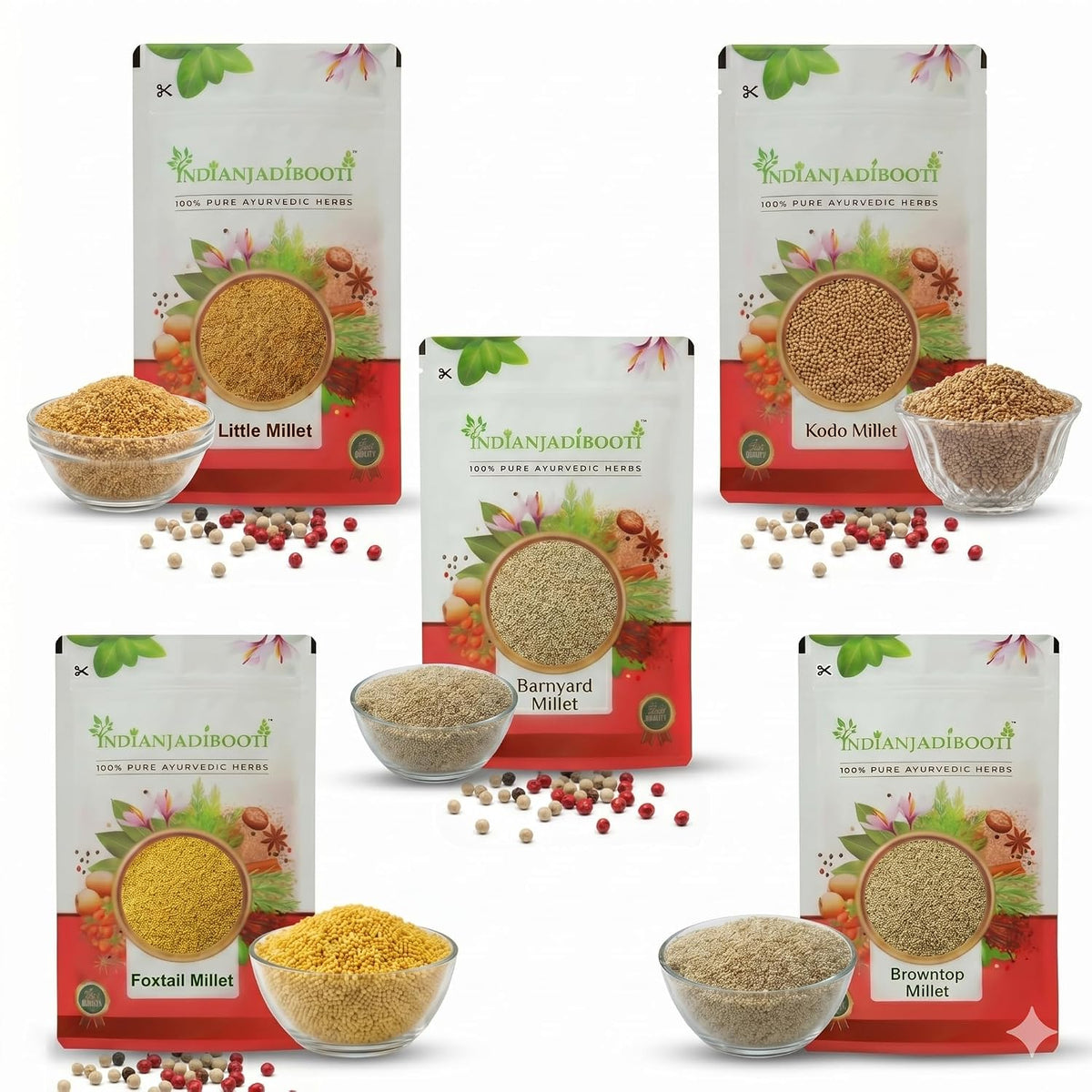 IndianJadiBooti 5 Positive Millets Combo (Unpolished Foxtail, Barnyard, Browntop, Kodo, Little) | Pure Siridanya Supergrains for Sustained Energy & Gluten-Friendly Daily Nutrition (100g Each = Total 500g)