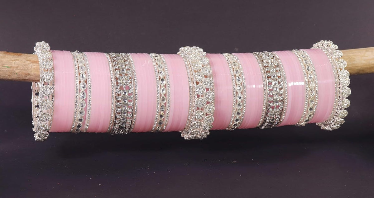 NMII Premium Metal Bangles Silver Chuda Set For Bridal Women & Girls with Zircon Diamond & Kundan Beads | Designer AD Chuda | Bridal Bangles Chooda Set For Wedding, Party, Occasion-Set of 74