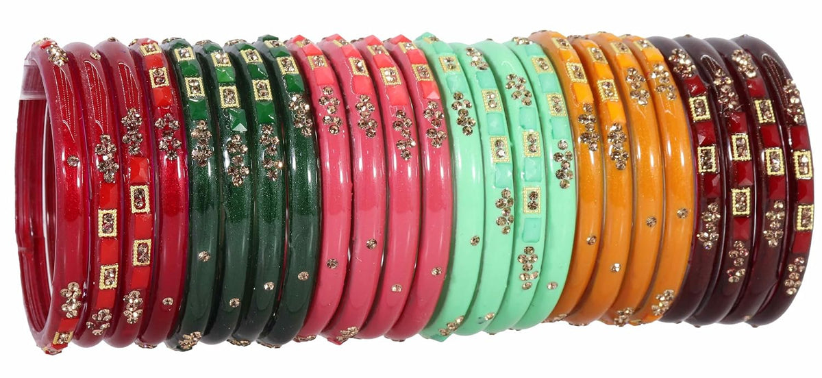 NMII MultiColour Glass Kada Set For Women & Girls with Golden Zircon Stone & Beads | Bangles For Women Glass | Kada For Women | Colourful Bangles for Women | Glass Bangles Combo- Set of 24