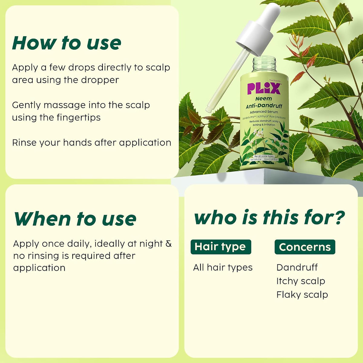 PLIX - THE PLANT FIX Neem Anti-Dandruff Advanced Serum | 3% Dandelix Pro™ & Ichthyol® Pale| Quick absorbing, Non-greasy & Lightweight | 50ml
