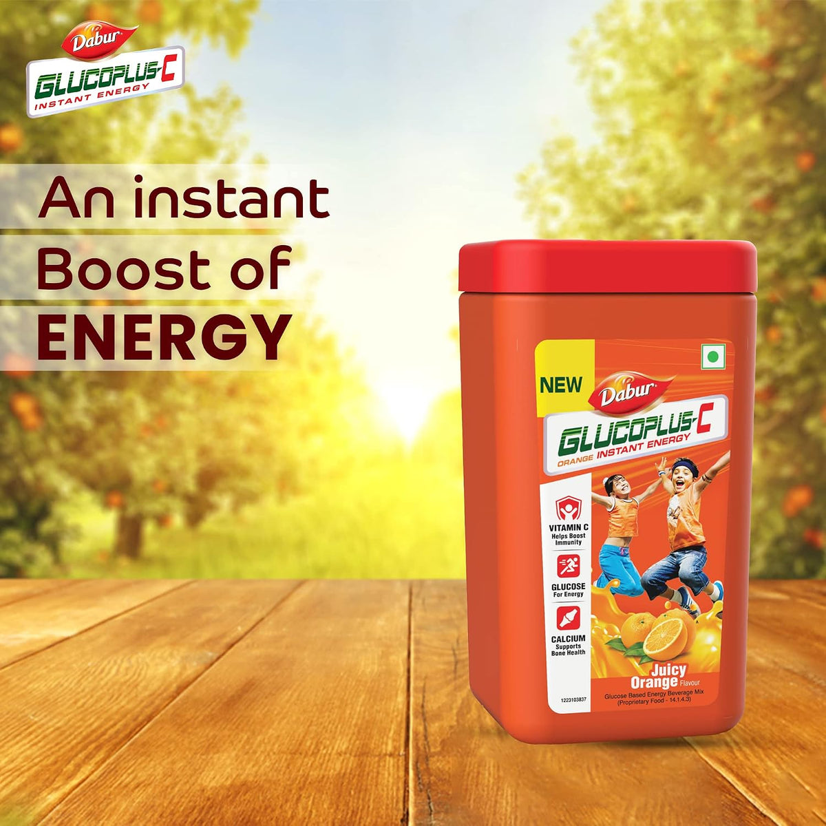 Dabur GlucoPlus-C Instant Energy Glucose Juicy & Tasty Orange Flavour Powder- 400g Jar | Glucose Replenishes Energy | 25% more Glucose| Vitamin C helps Boosts Immunity | Calcium Supports Bone Health