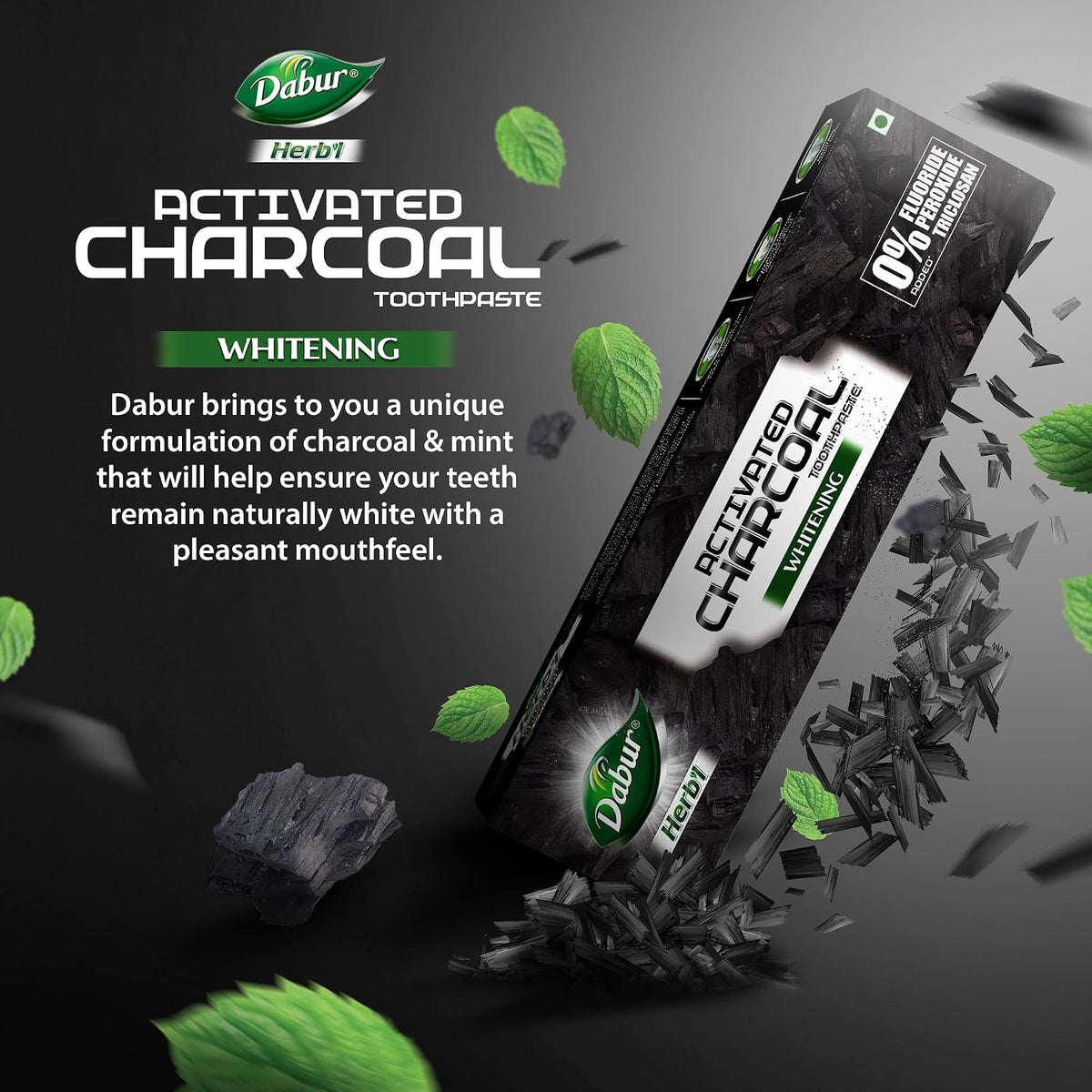 DABUR Herb'L Activated Charcoal Toothpaste 120gm (Pack of 1)|Whitening Black Gel Toothpaste|Fluoride Free|Fights Plaque & Extrinsic Stains|With Power of Mint|Cool & Refreshing Mouth Experience