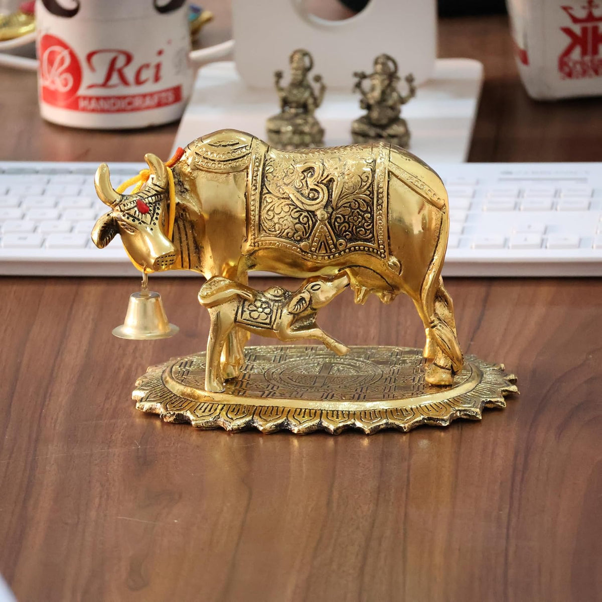 KridayKraft Metal Om Kamdhenu Cow and Calf Metal Statue for Good Luck,Feng Shui As Table Top Figurine,Vastu,Religious Gau MATA Idol Home,Office&Table Decorative,Animal