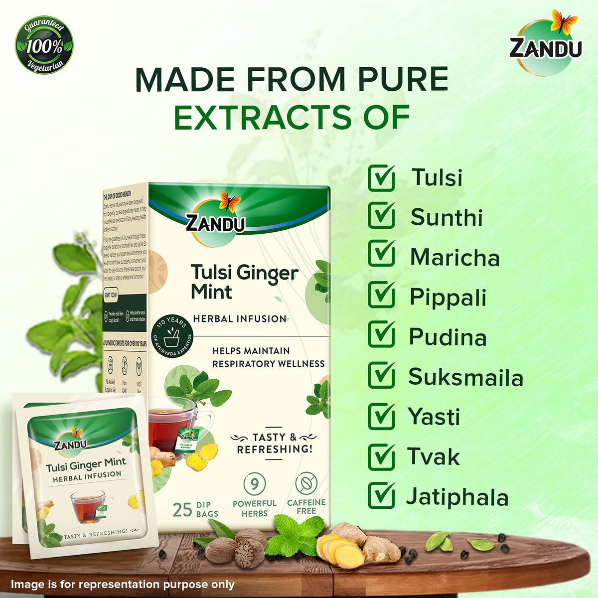 Zandu Tulsi Ginger Mint Herbal Infusion, a Herbal Tea Enriched with Ayurvedic Ingredients (25 Tea Bags)