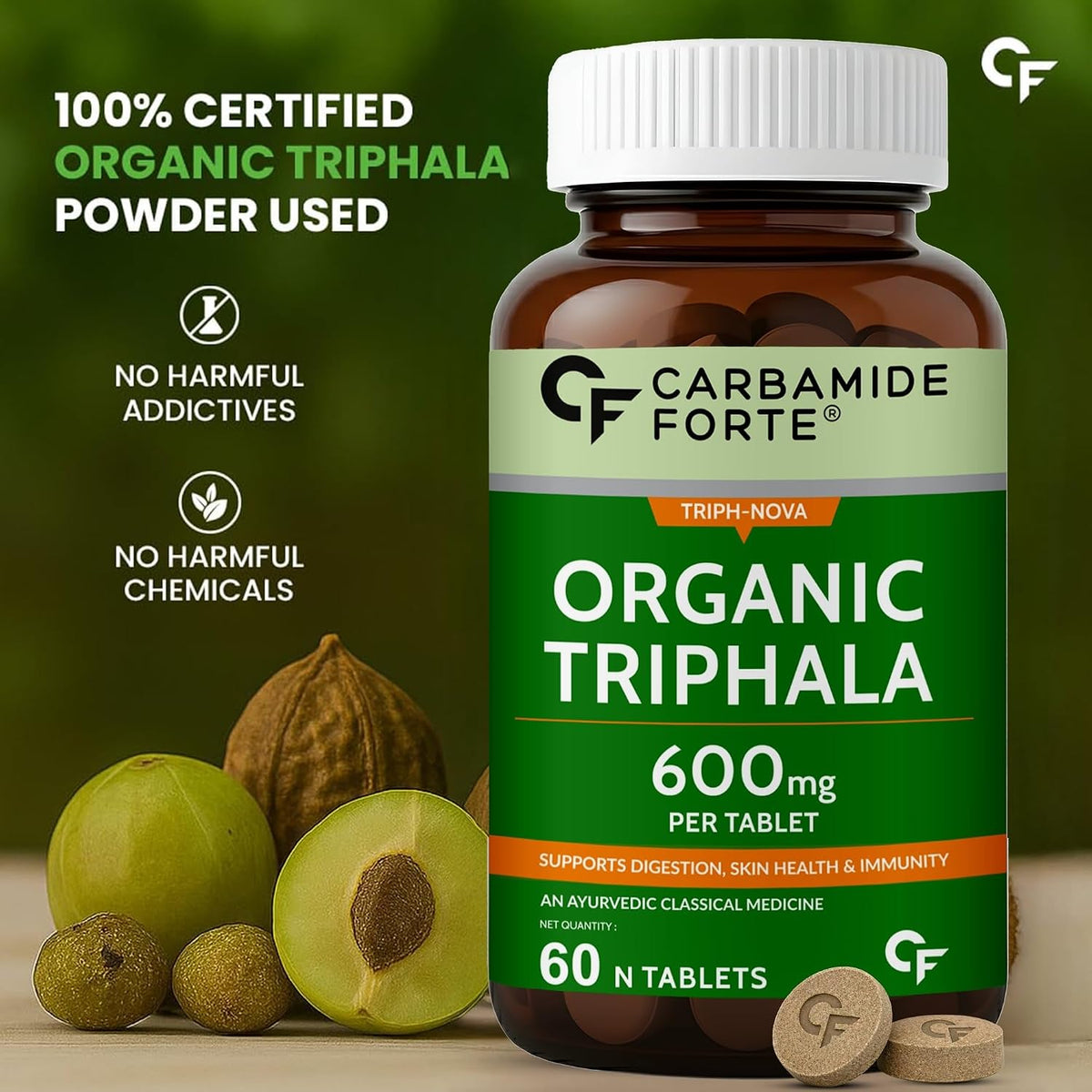 Carbamide Forte Triphala Churna Tablets 600mg | 100% Organic Triphala Tablets with Amla, Haritaki & Bibhitaki | Triphala Capsules Alternative for Digestive Health | 60 Tablets