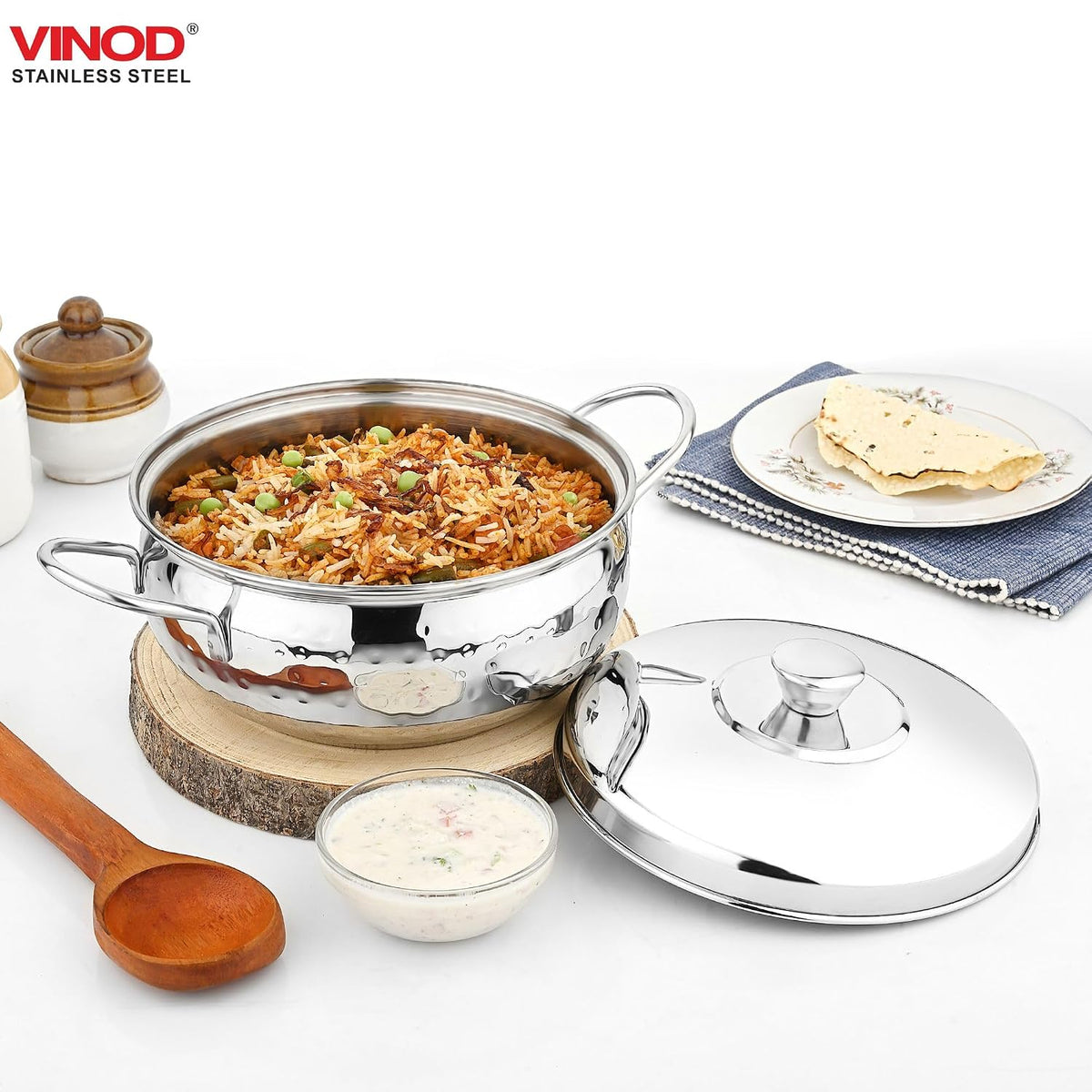 Vinod Stainless Steel Milano Hammered Serving Casserole with Steel Lid & Side Handle 1230 ml, 16 cm