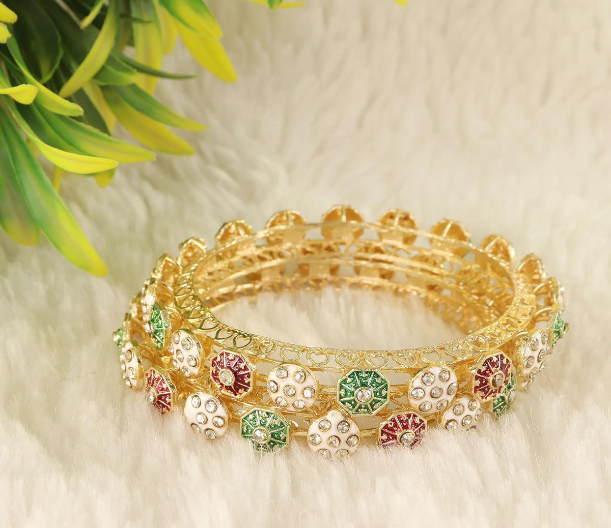 NMII Designer Alloy Metal Kada For Women & Girls | Gold Plated Floral Meenakari Kangan | Traditional Ethnic Jewellery | Wedding Party Stylish Fancy Kada Gift - Set Of 2